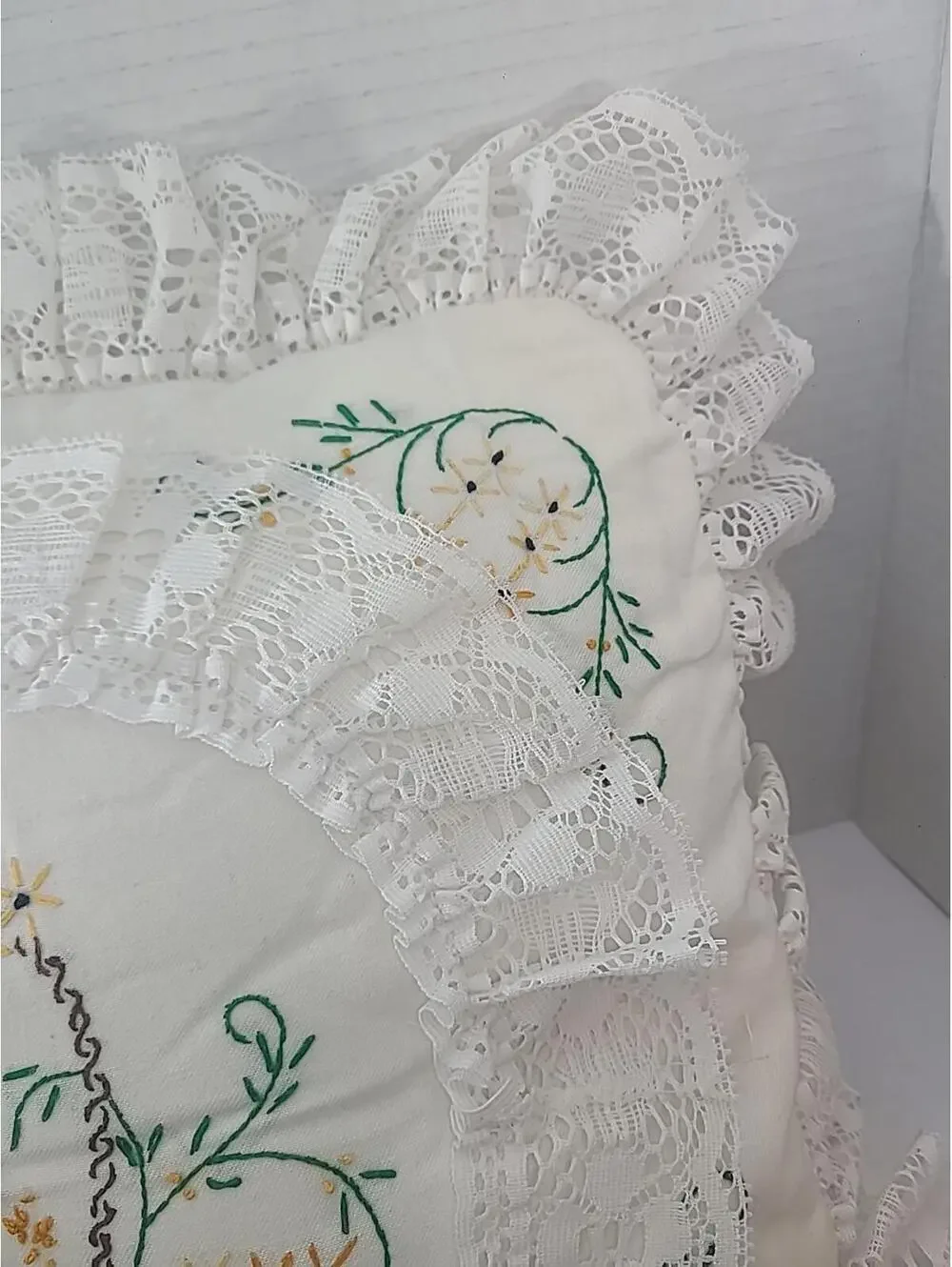 Shabby Chic Hand Stitched Embroidered Pillow With Lace Trim Cottagecore 12x12